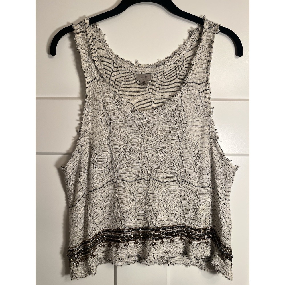 Ecote Striped Open Knit Sleeveless Top Lace Trim Hem Womens Medium Gray